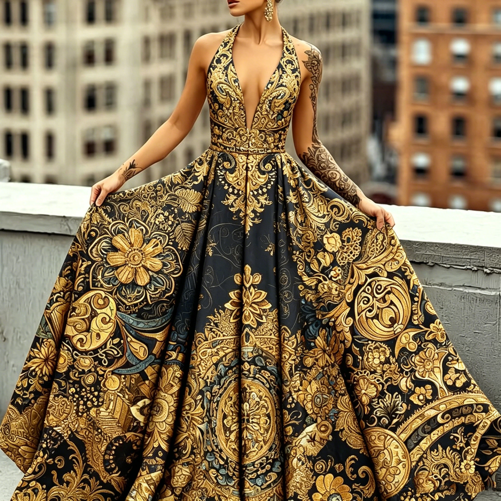 

ElegantOrnate Damask Floral Printed Dress with ClassicVintage Sleeveless A-Line Midi Dress for Formal Casual Occasions Dresses
