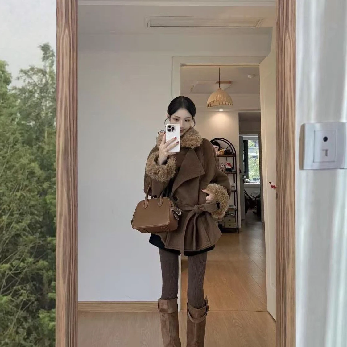 

Korean Sle Thiened Plu Splicing Coffee Color Women's Coat Winter New Sle Versatile Slimming Woolen Coat Long Sve