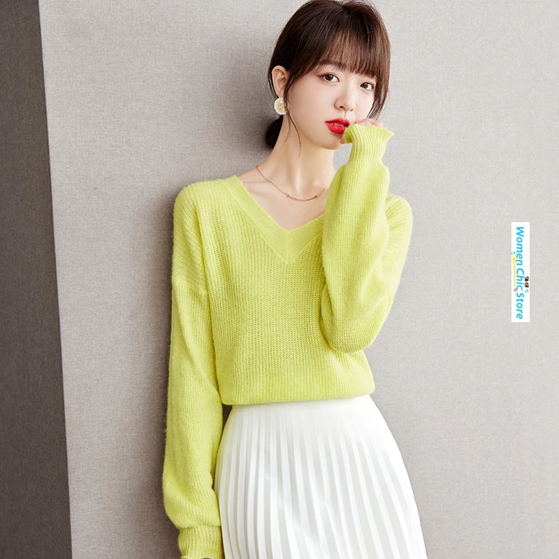 

Women Chic V-neck Fluorescent Green Long Sleeve Knitted Sweater Thin Tops Autumn Winter Elegant Loose Pullovers Knitwear B2662