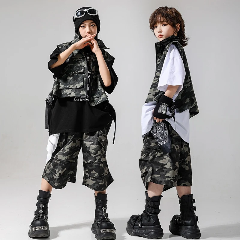 아동 의류 스트리트 댄스 공연 복장 위장 streetwear 힙합 특대 블랙 탑 어린이 재즈 의상 vdl3433