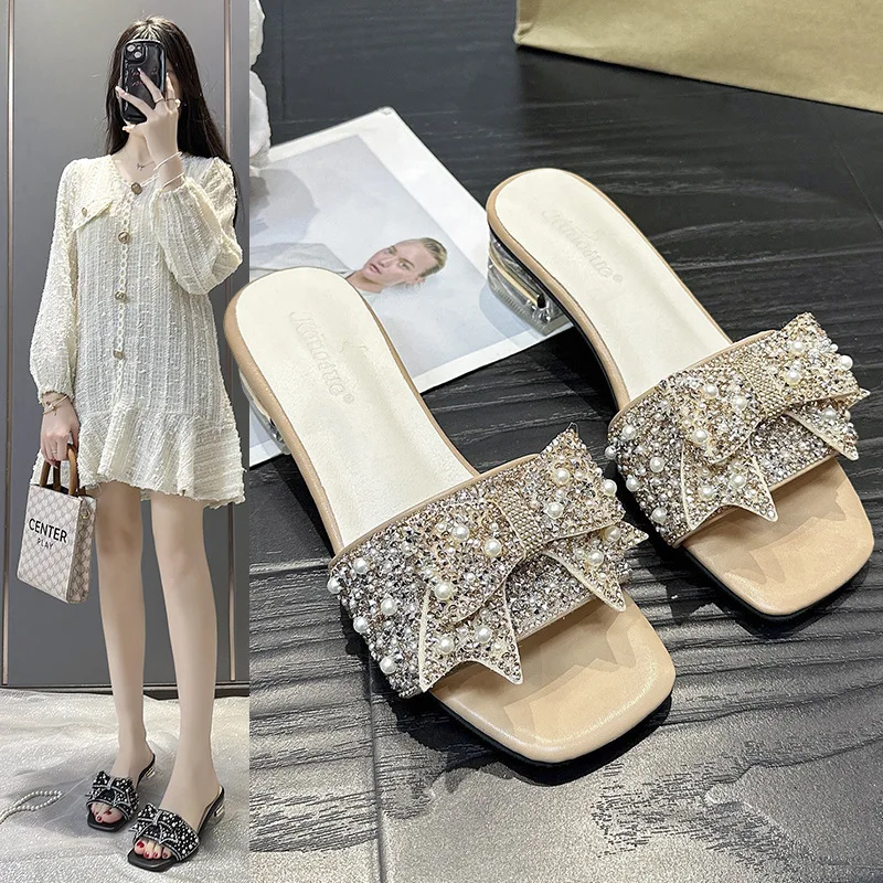 Summer Slippers Women Wear 2024 Spring New All-match Pearl Bow Open-toe Chunky Heel Fairy Sandals