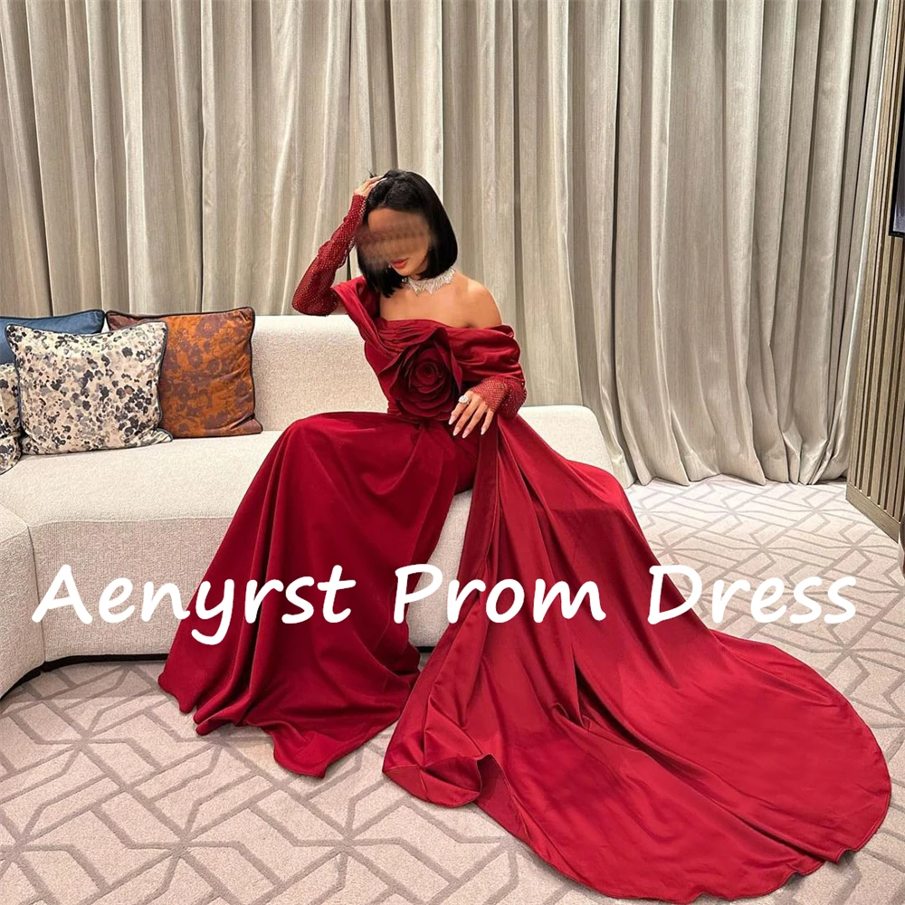 Aenyrst off Shoulder 3d Blumen Meerjungfrau Saudi Abendkleider Satin falte Langarm Ballkleid boden lange formelle Party kleider