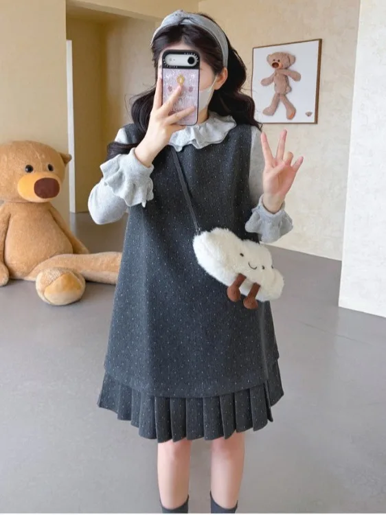 pregnant-women's-knitted-dress-and-top-set-korean-style-loose-waist-long-sleeve-floral-lace-collar-a-line-skirt-autumn-winter