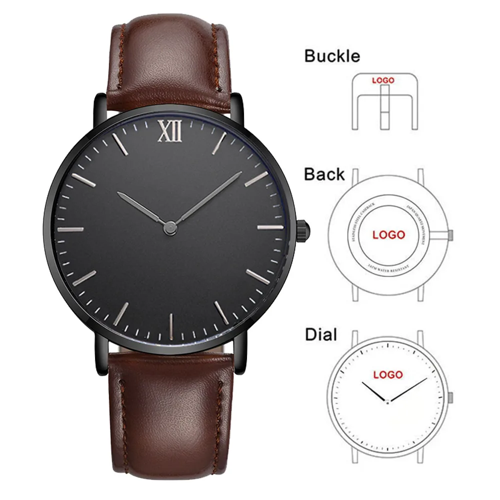 

Custom Logo Black Dial Brown Strap Men Women Unisex Thin Quartz Watch 40mm Case Diameter Accept Dropshipping