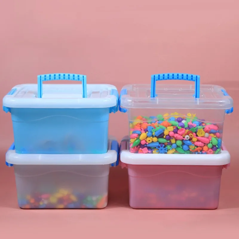 Caja de almacenamiento de plástico grande con tapa, caja azul transparente portátil, juguetes para niños, contenedor de papelería para estudiantes, caja de clasificación de cosméticos