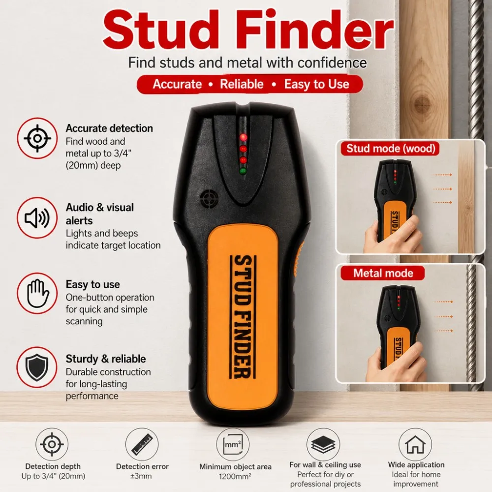 Electronic Stud Finder Wall Scanner, Wood & Metal Detector, 20mm Deep Detection Sensor with LED Light Audible Alarm
