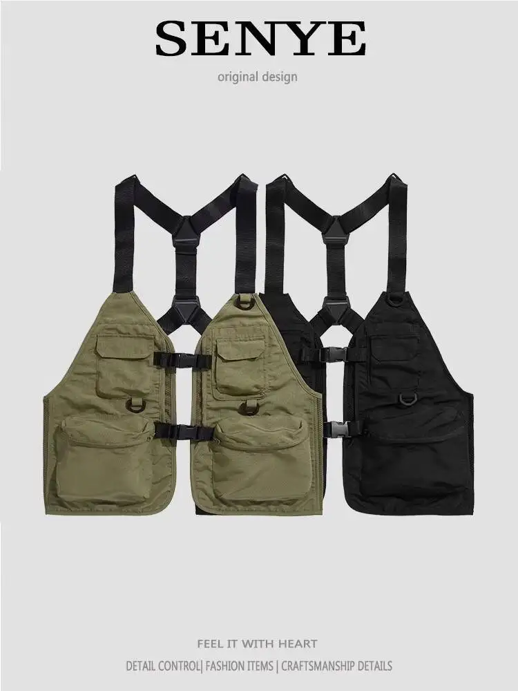 Men's Niche Cargo Webbing Buckle Vest Multi Pocket Collarless Tactical Functional Style Dark Fashion Sleeveless Gilet