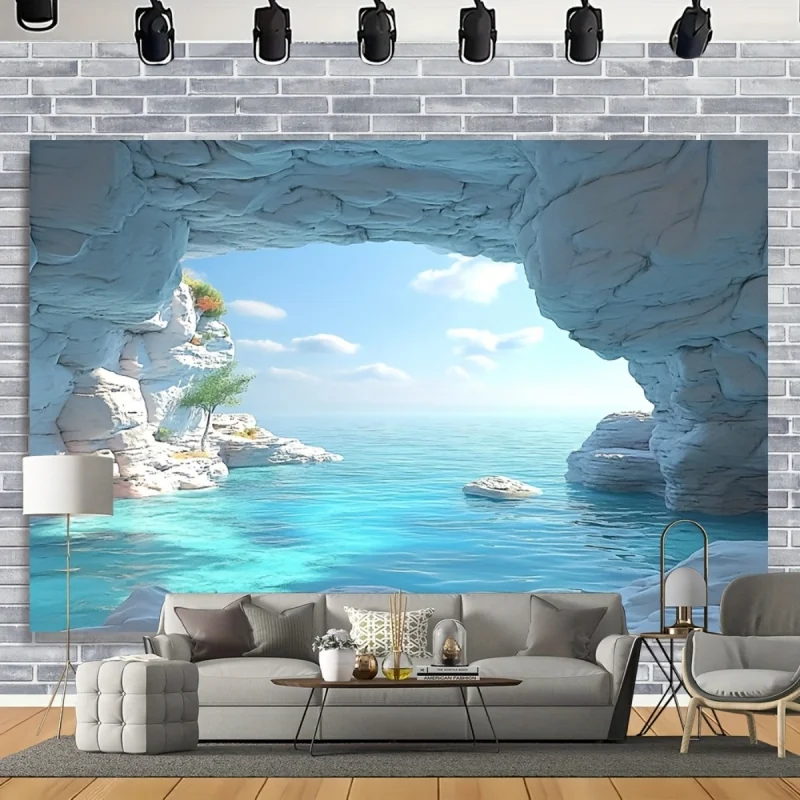 Turquoise Ocean Cave Tapestry Machine Washable Indoor/Outdoor Summer Sea View Wall Hanging Greek Island Theme Party Background