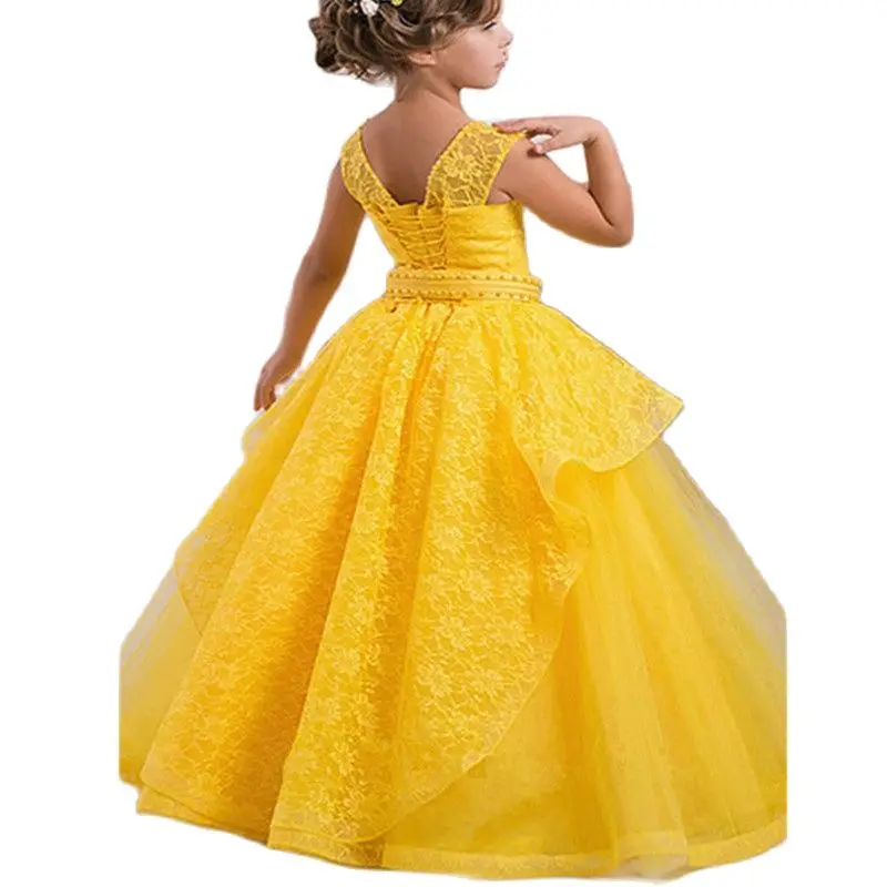 Abito da ragazza di fiore con delaminazione gialla di qualità di lusso, tulle soffice, ballo di nozze, spettacolo di bellezza, abiti da sera di compleanno per bambini