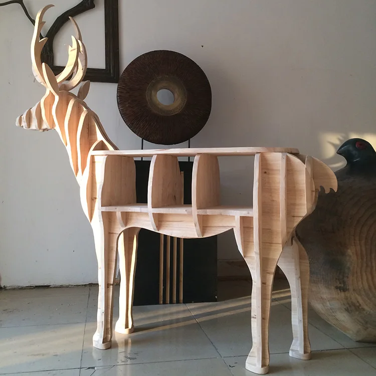 Wood Crafts Cartoon Deer Shaped Bookshelf Sculpture Home Decoration Bookstore Kindergarten