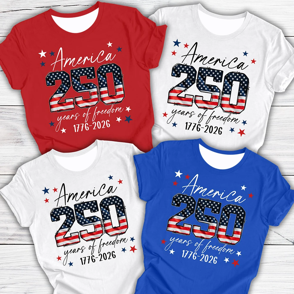 USA 250th Anniversary 4th July Independence Day Tee-Shirt Men Women Kids Short Sleeve Classic Fit Patriotic Polyester T-Shirt