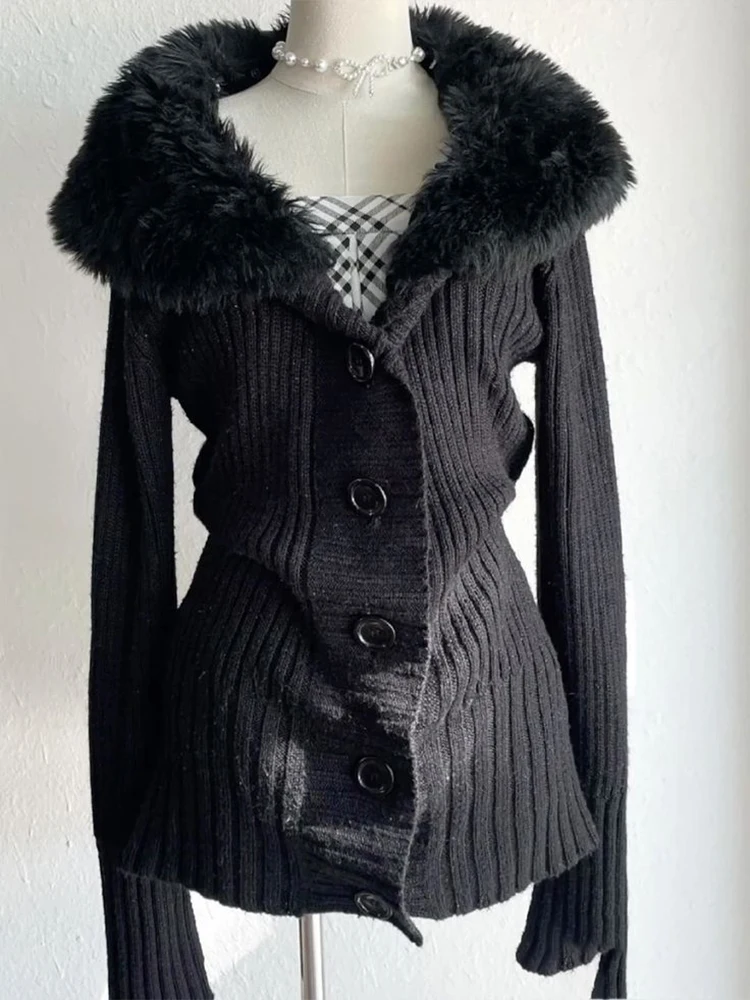 Y2K new street fashion temperament casual knitted sweater autumn and winter fur collar women's aesthetic trend high-end slim top