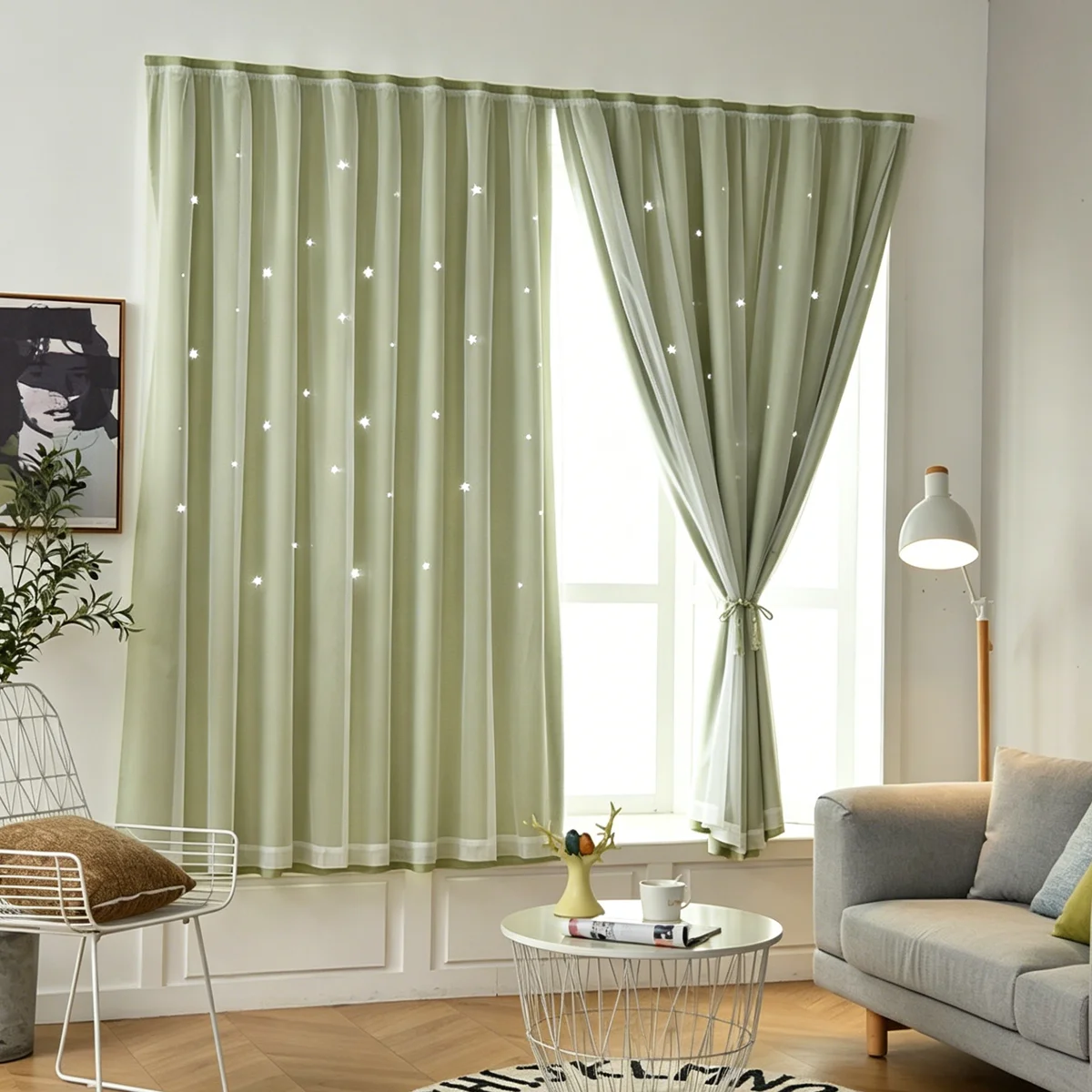 1 Pair Fresh Green Star Cutout Double Layer Curtains, Dreamy Romantic Girly Style, Light Block Thermal Window Cover for Living R