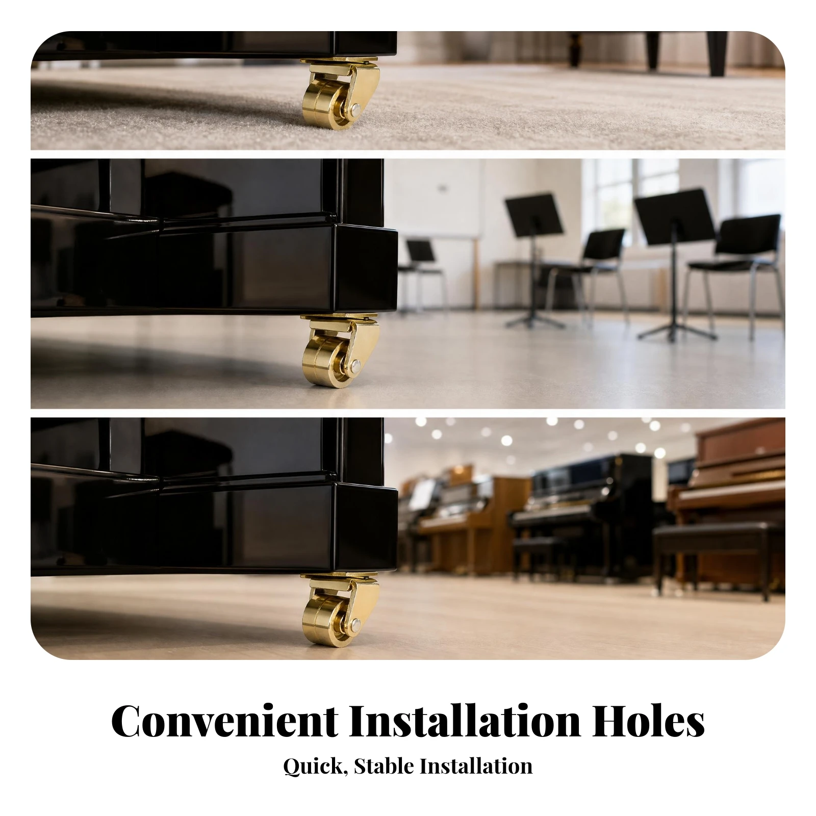 Rueda giratoria para piano vertical, fácil instalación, resistente, pulida
