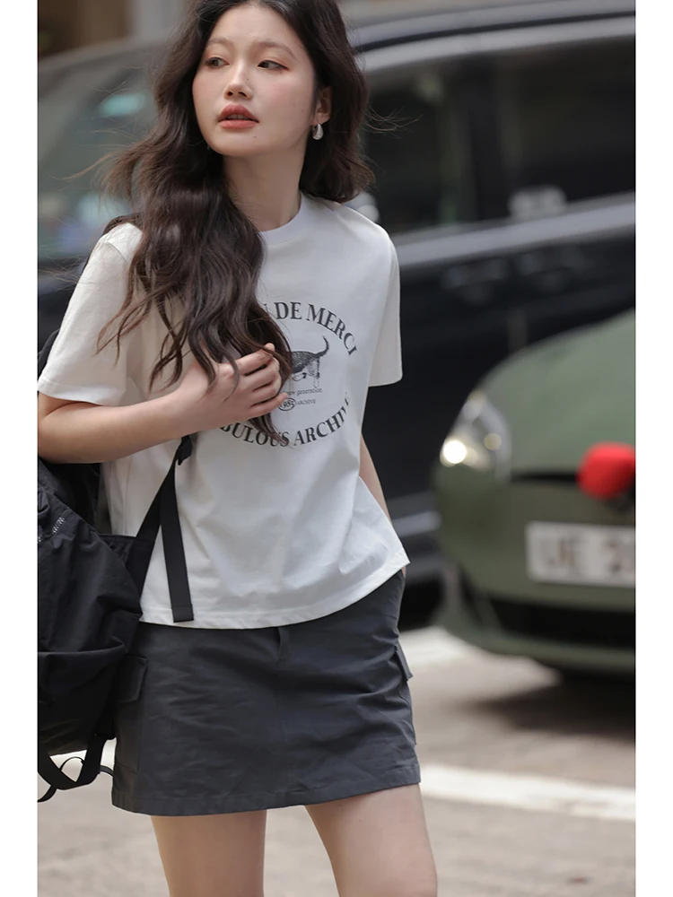 

White Printed ort Sve T-irt Women's Spring 2026 New Korean Design oulder Level Inner Wear Base Top Cotton Casual