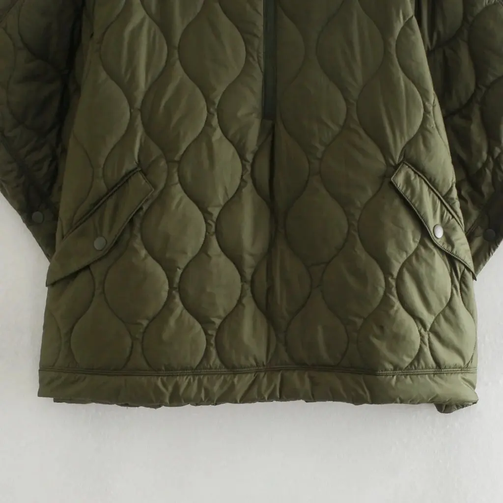 Women's Cotton-Padded Coat Short-Sleeved Diamond Plaid Half Zip Loose Pullover Pocket Design European American Style Autumn New