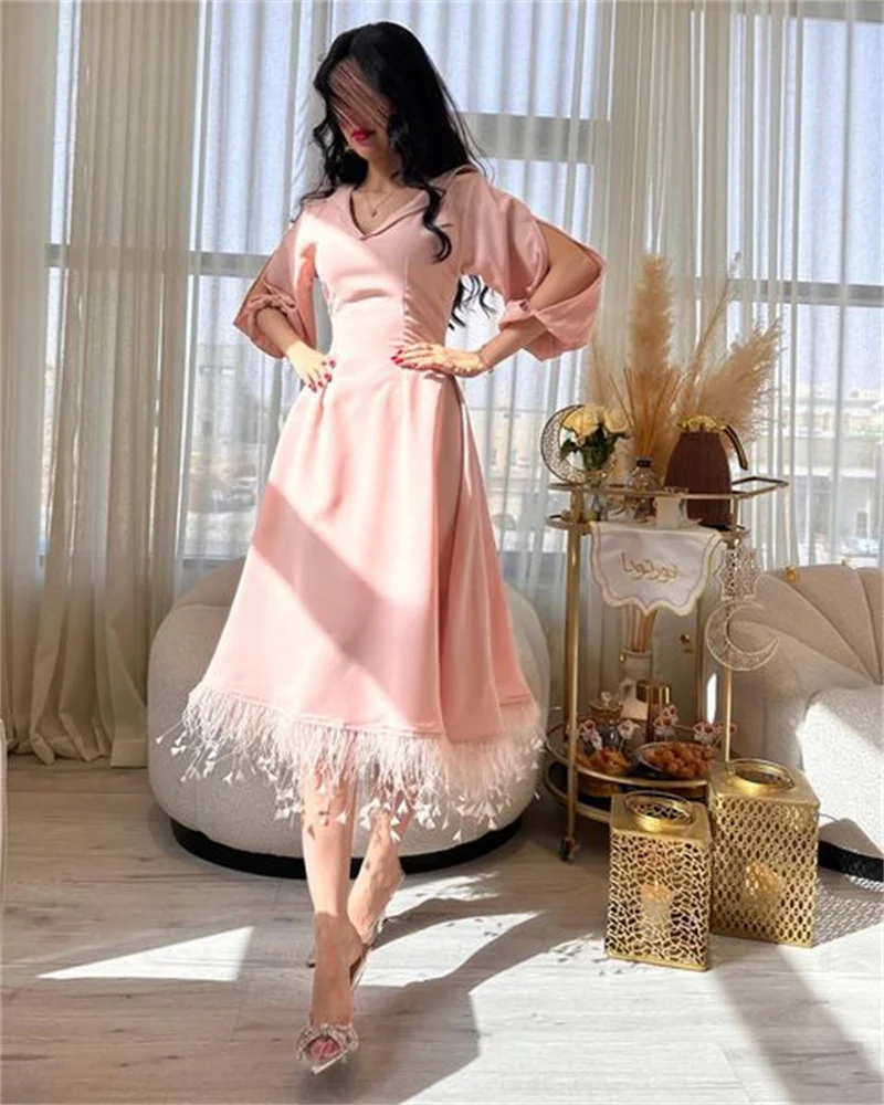 Prom Dresses  Saudi Arabia 2023 Occasion Gowns V Neckline Puff Sleeves Feathers Pink Satin Formal  فستان  vestido