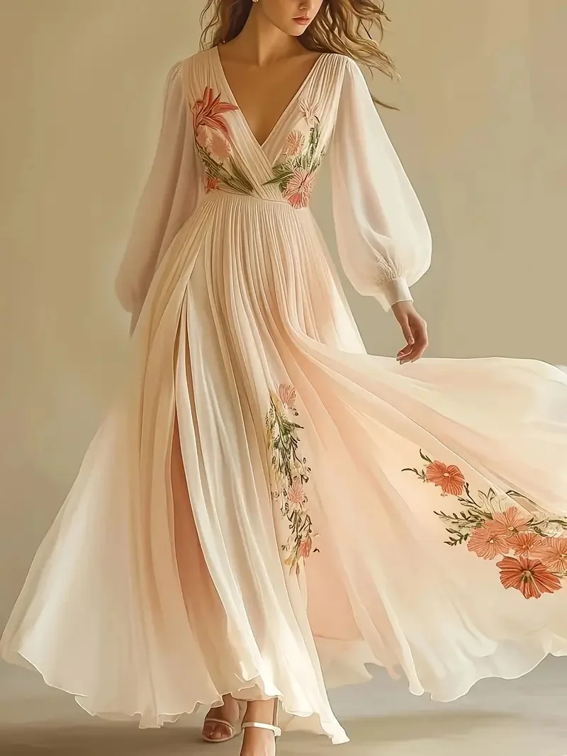 

Boho Women's Maxi Dress Trend Summer Short Sleeve High Waist Dresses Sexy V Neck Floral Print Holiday Dress Vestido Robe Clothes