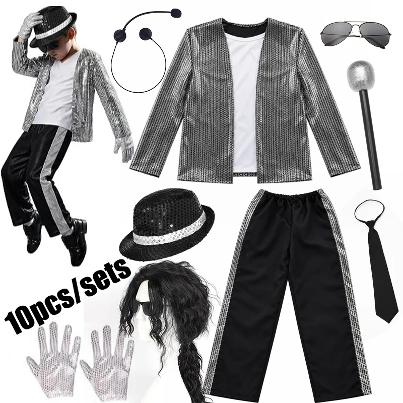 Kinder Pailletten-Tanzkostüm 6-teilig Sänger-Auftrittsoutfit Glitzer-Jacke Hose Hut Handschuhe Sonnenbrille Halloween Bühnen-Cosplay-Anzug – Detail 1