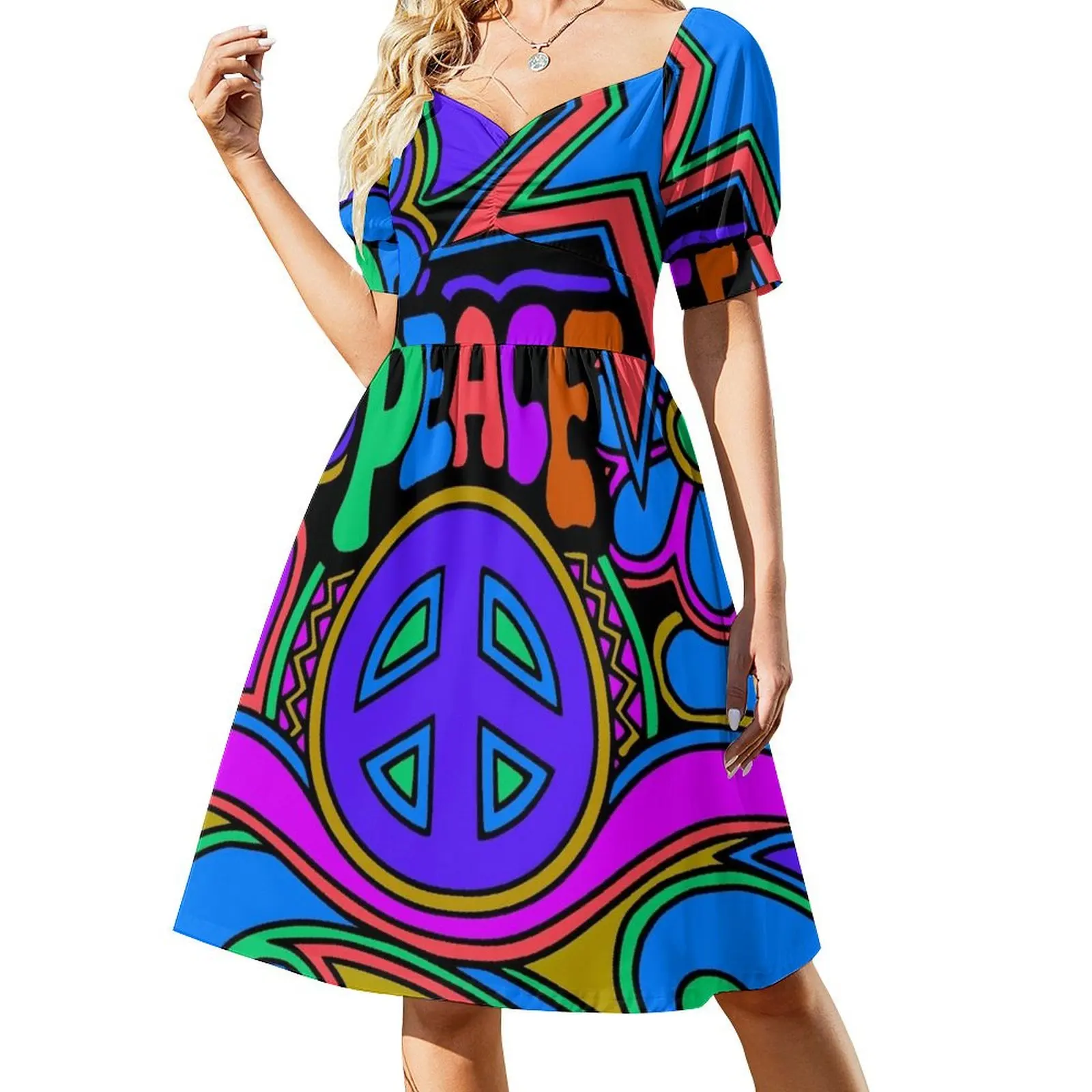 

Peace and Love Flowers and Stars Hippie Design Short Sleeved Dress elegant dress elegant women's sets Dress