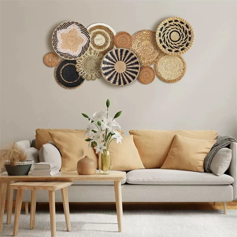 مجموعة ديكور حائط مكرامية مقسمة - طقم تعليق بوهو منسوج يدويًا من الشمال مع خرزات خشبية، فن جداري ثلاثي الأبعاد لخلفيات غرفة المعيشة #1