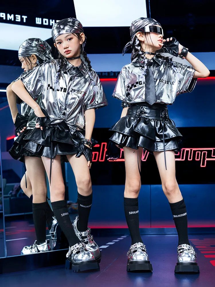 

Серебряный наряд для джазовых танцев для девочек, детская уличная одежда в стиле хип-хоп, костюм для выступлений, детский костюм для выступлений, модная сценическая одежда, крутая одежда