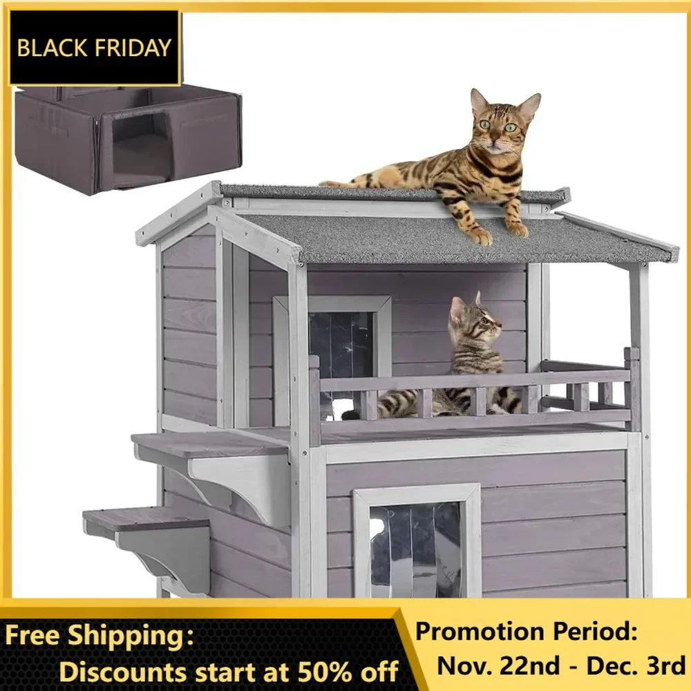 Cat House, Outdoor 100% Insulation Feral Kitty Shelter with Insulated Liner for Winter,Waterproof Heated Cat Condo, Cat House