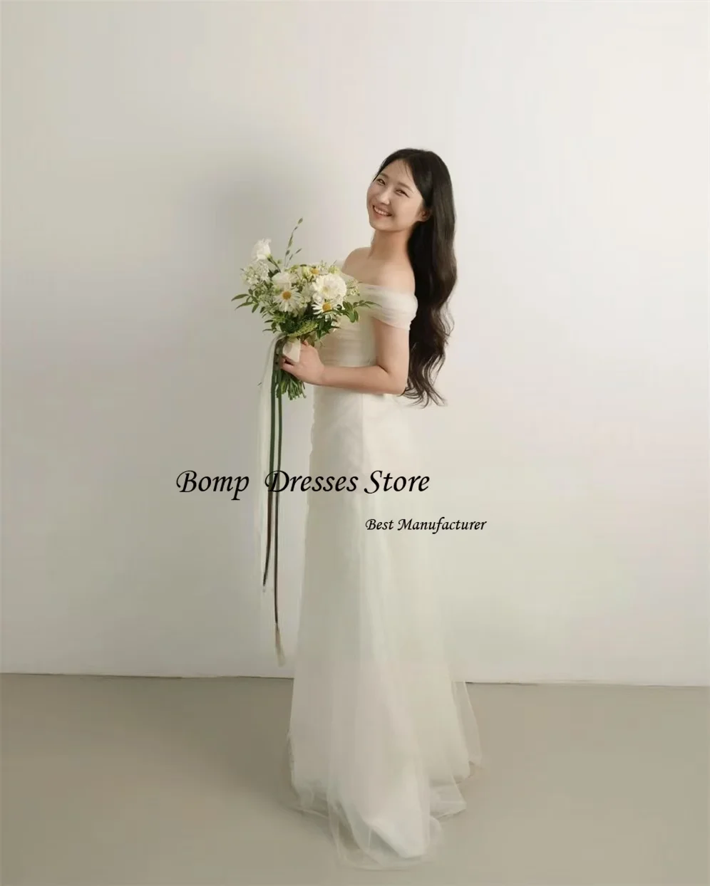 BOMP Elegant Mermaid Wedding Dresses Off Shoulder Soft Tulle Floor length Bride Gowns Photo shoot Customized Corset back image 5