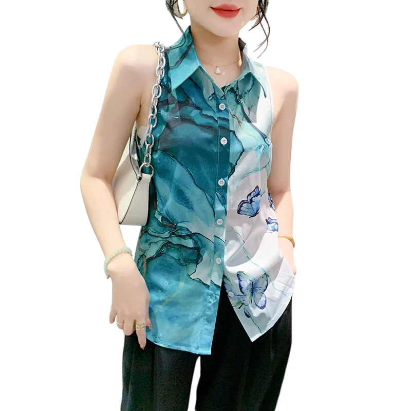 2025 Summer Sleeveless Printed  Women’s Shir Elegant Loose Turn-down Collar Blouse Women New OL Korean Fashion Women's Clothing