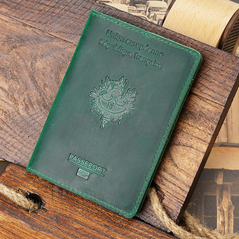 French Passport Holder Document Holder Layer Cowhide Vintage Boarding Card Leather Wallet Card Bag