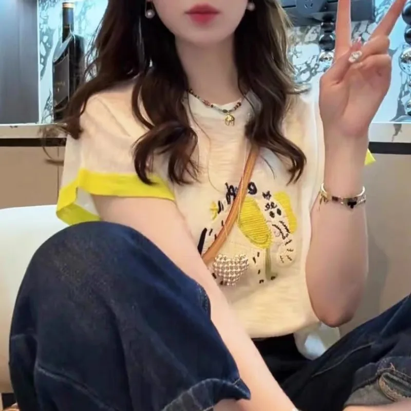 

Women's Clothing Fashion O-neck Cartoon Little Elephant Short Sleeve Top Summer New Sweet Casual Contrast Thin T-shirt