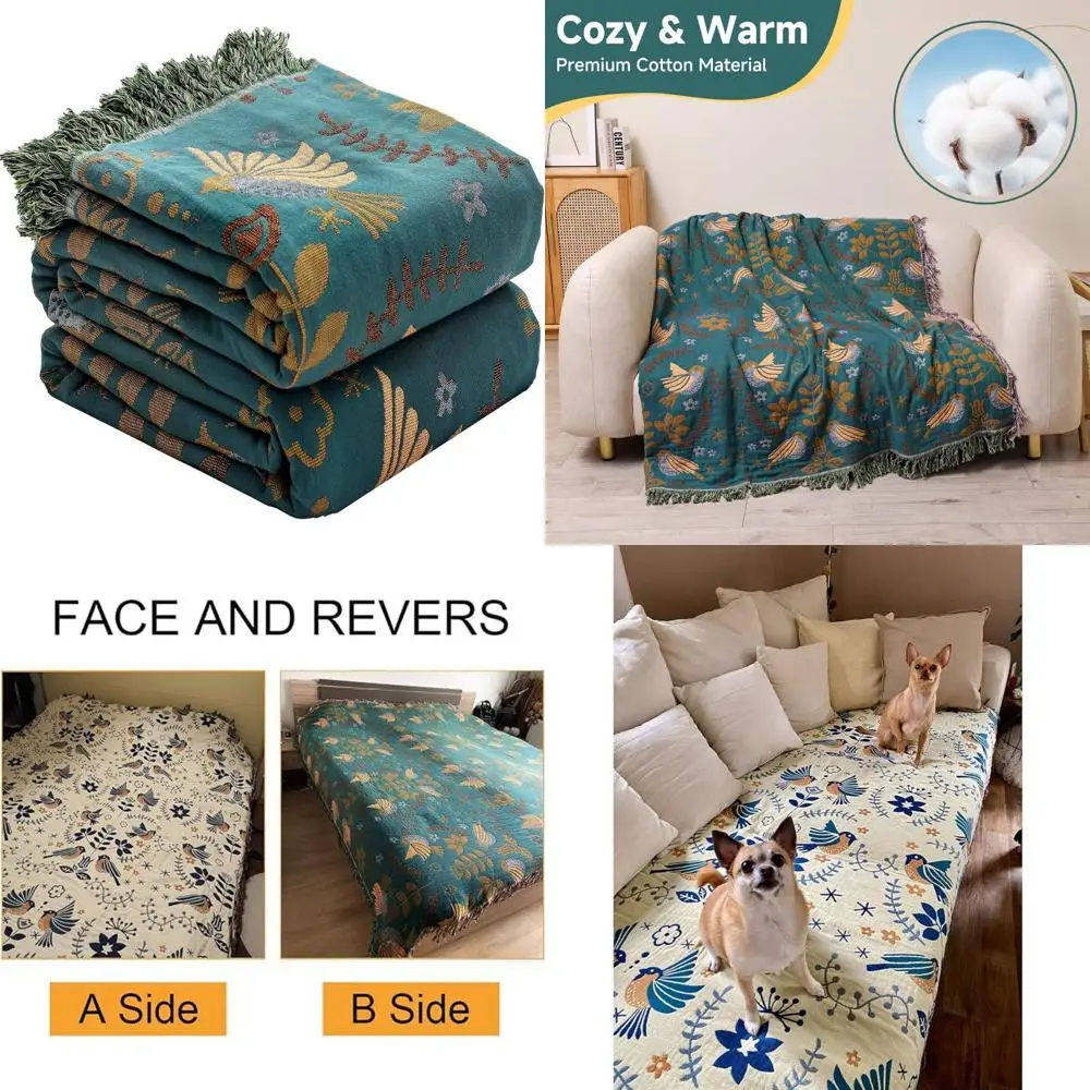 

Cozy Bohemian Cotton Throw Blanket - Reversible Farmhouse Style for Bed and Couch, Lightweight and Soft for All Seasons