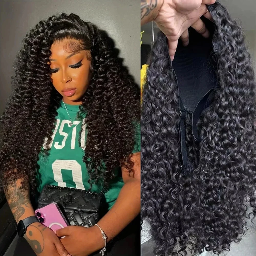 230% Kinky Curly 3 In 1 Half Wig Human Hair Wear Go Glueless Wigs Human Hair 30Inch Vietnamese Drawstring Seamless Flip forWomen