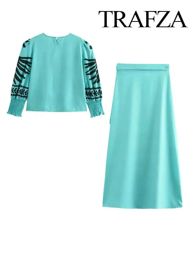 

New Summer Fashion Women Suits Print O-Neck Back Hollow Button Decoration Long Sleeve Tops+Side Bow Lace-Up Casual Skirts