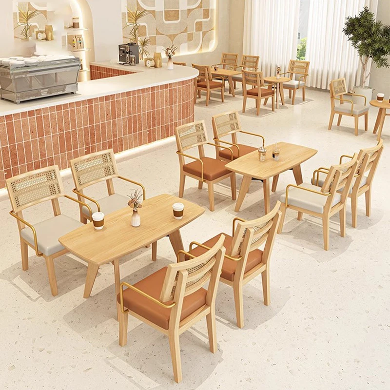 #Nordic Simple Cafe Shop Solid Wood Rattan Dining Table and Chairs Dessert Bakery Bread Book Store Commercial Furniture Set