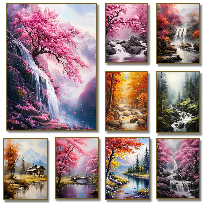 Forest Path Cabin Floral Landscape Misty Cherry Blossom Waterfall Poster Canvas Painting Print Wall Art Living Room Home Decor