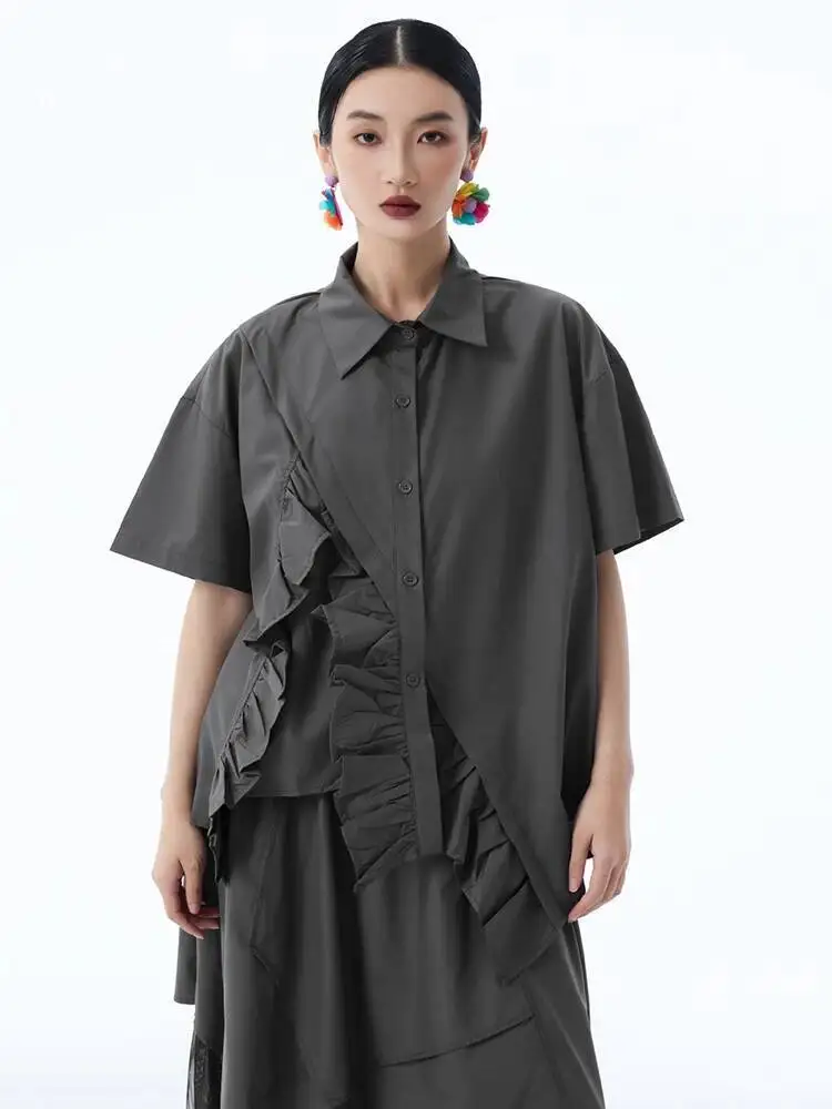 

Women Red Irregular Ruffles Big Size Elegant Blouse New Lapel Short Sleeve Shirt Fashion Tide Spring Summer