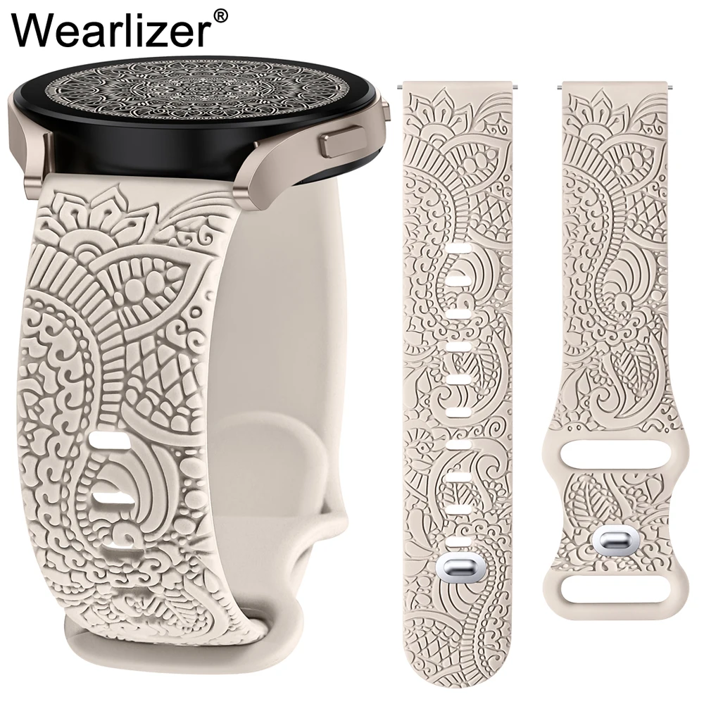 Wearlizer Mandala Floral Engraved Band for Samsung Galaxy Watch 7/6/5/4 20mm Silicone Sport Strap for Watch 5 Pro/Active 2