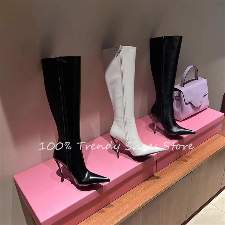 

Fashion Design Metal Strange Heel Women Knee High Boots Patent Leather Side Zipper Long Boots Ladies Catwalk Party Dress Boots