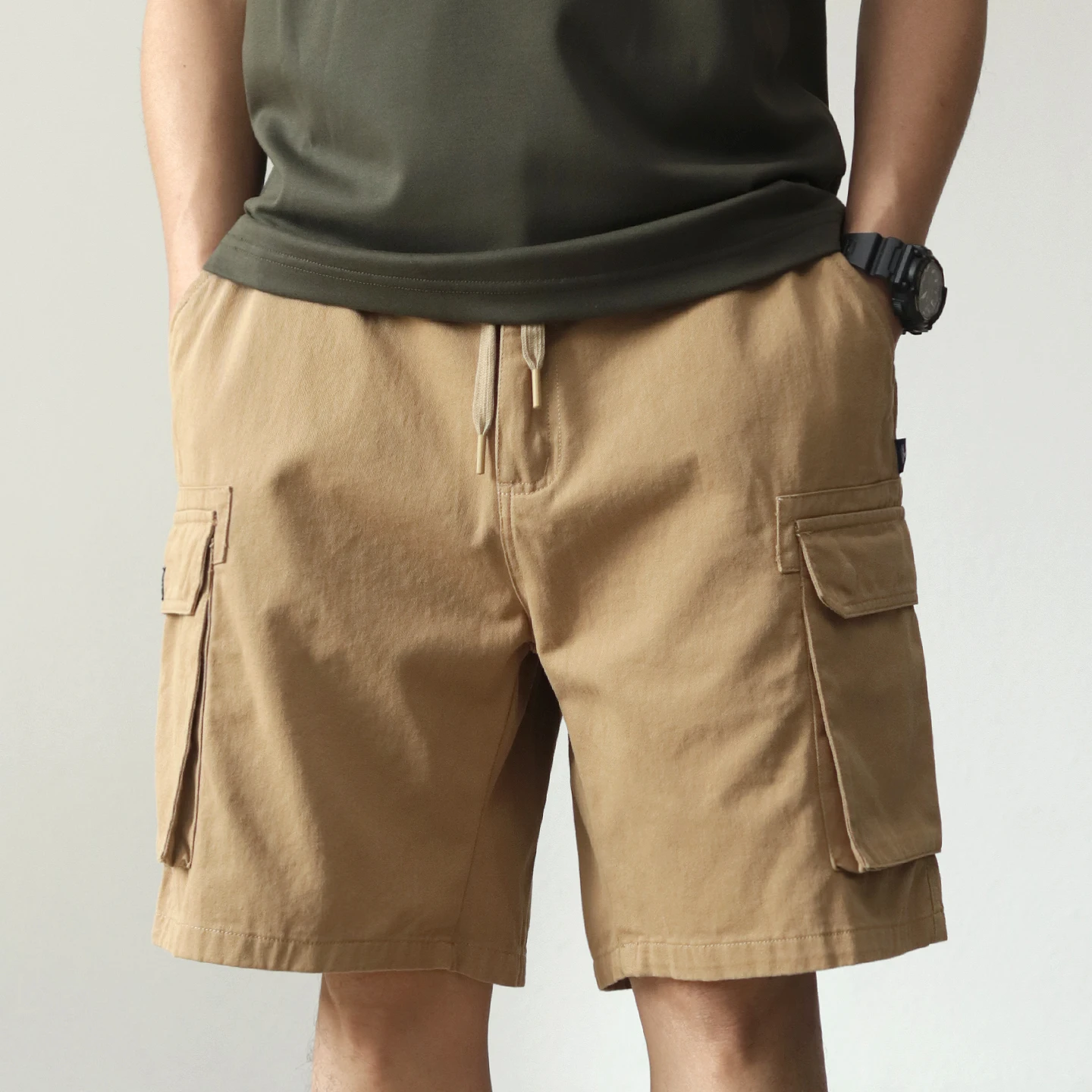 New Summer Multi-pocket Worker Bag Shorts Men's Wash Cotton American Retro Elastic Waist Loose Casual Five-point Pants