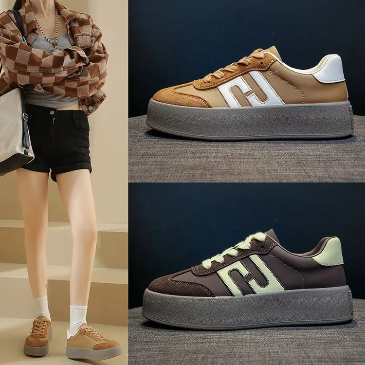 HKDQ Women's Platform Sneakers Round Toe Flat Heel Lace-Up Suede-Look Trim Colorblock Casual Streetwear Shoes