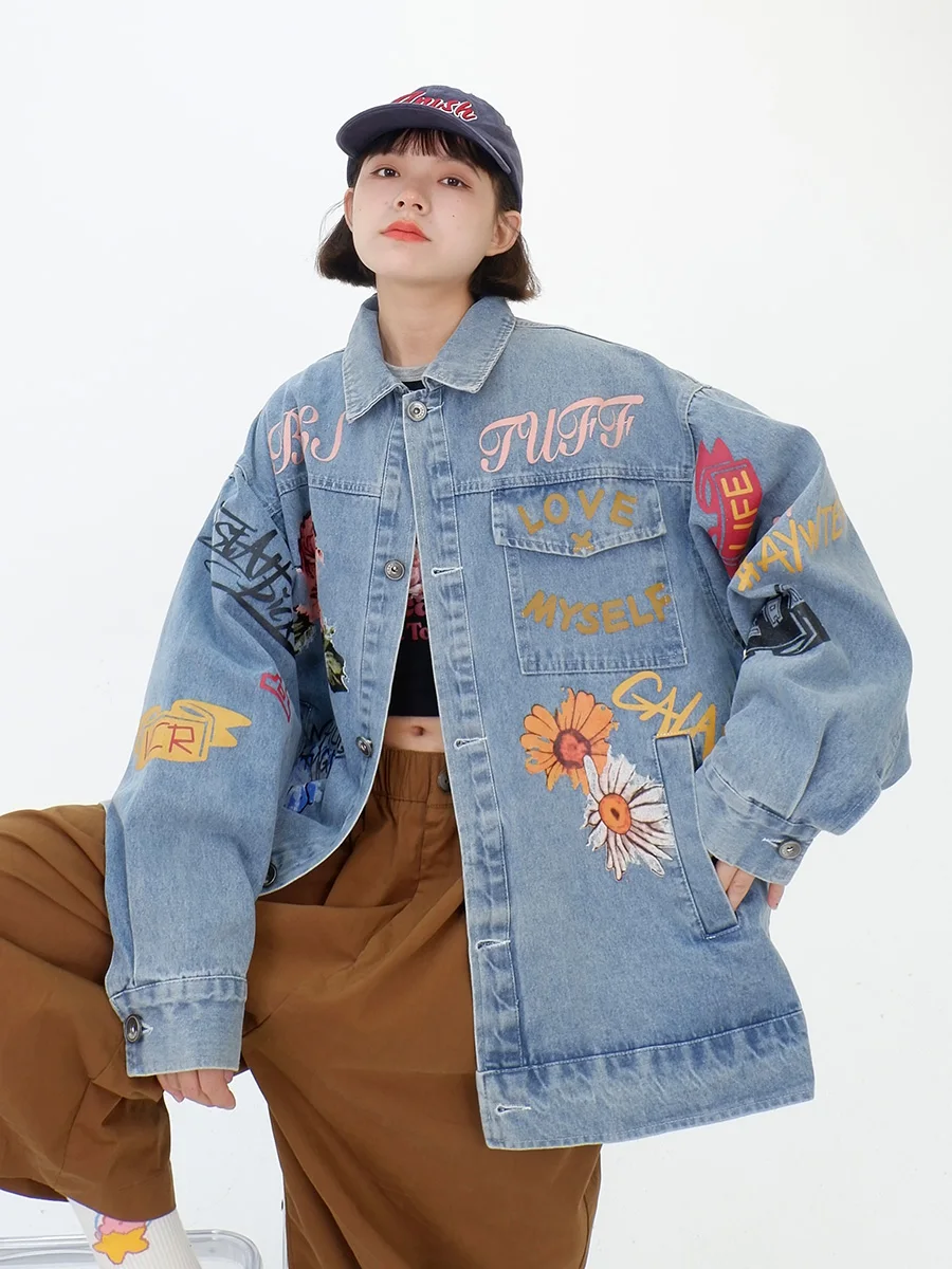 

Funny washed denim coats for women in autumn 2023, new loose fitting bf retro casual couple jackets trend