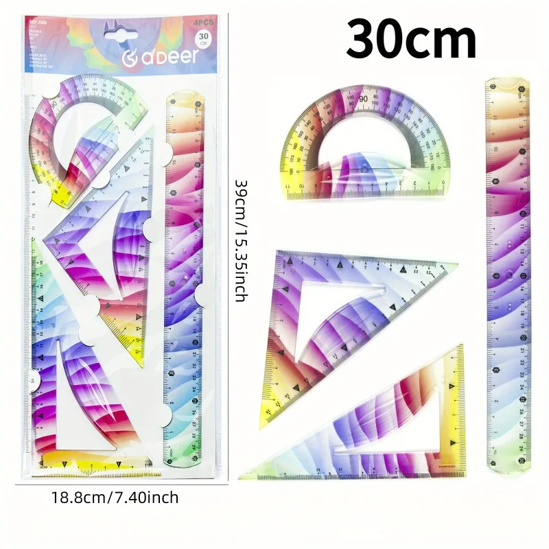 4pcs Colorful Ruler Set - Straight, Protractor & Flexible Ruler for Drawing, School & Office, 20cm/30cm, Craft Supplies