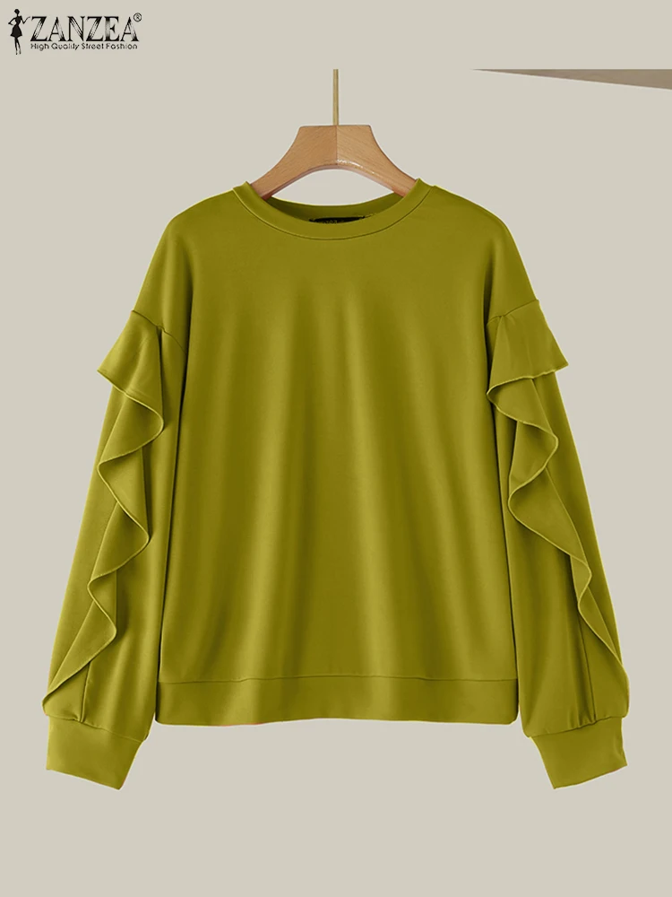 ZANZEA-Jersey de cuello redondo para mujer, sudadera lisa de manga larga con volantes y costuras, Tops holgados informales, Otoño, 2024