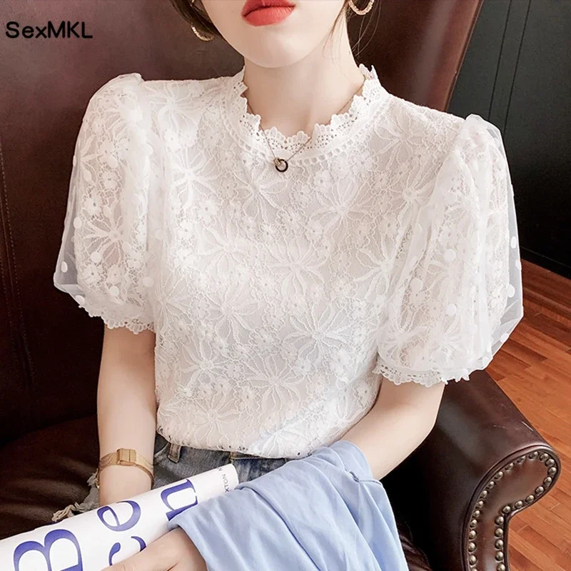 Women White Lace Blouses Summer 2024 Fashion Hollow Out Black Blusas Mujer Casual Korean Style Elegant Puff Sleeve Tops Vintage