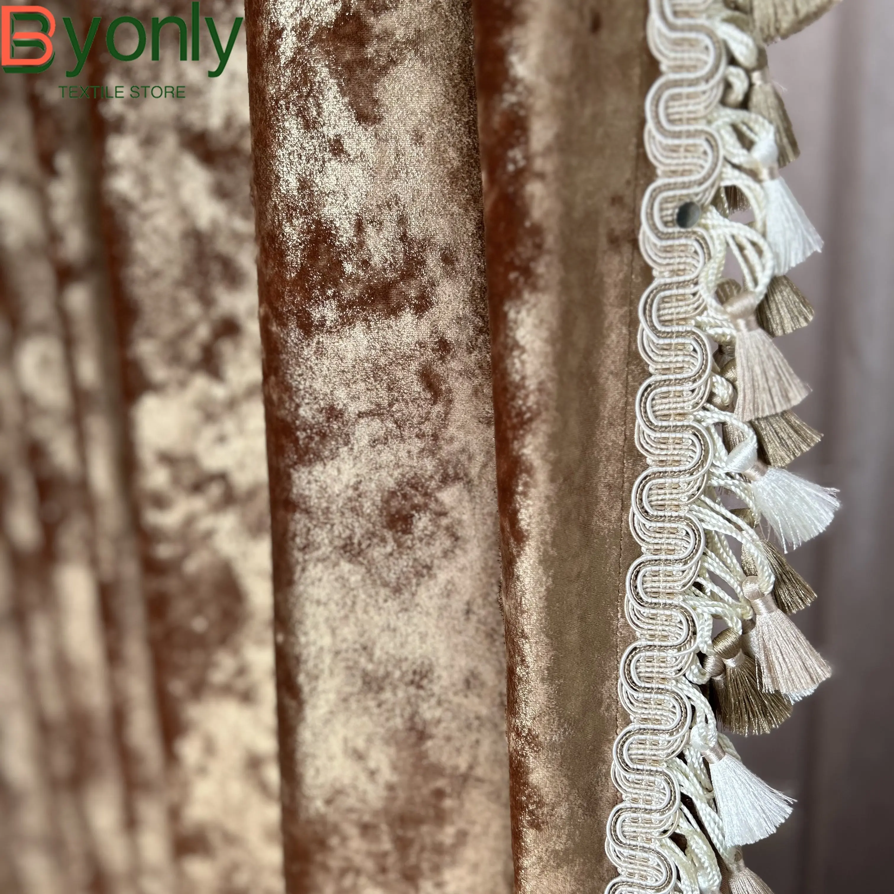 French Caramel Gilded Real Velvet Curtains for Living Room Bedroom French Window Balcony Custom Tassel Window Screen Decoration