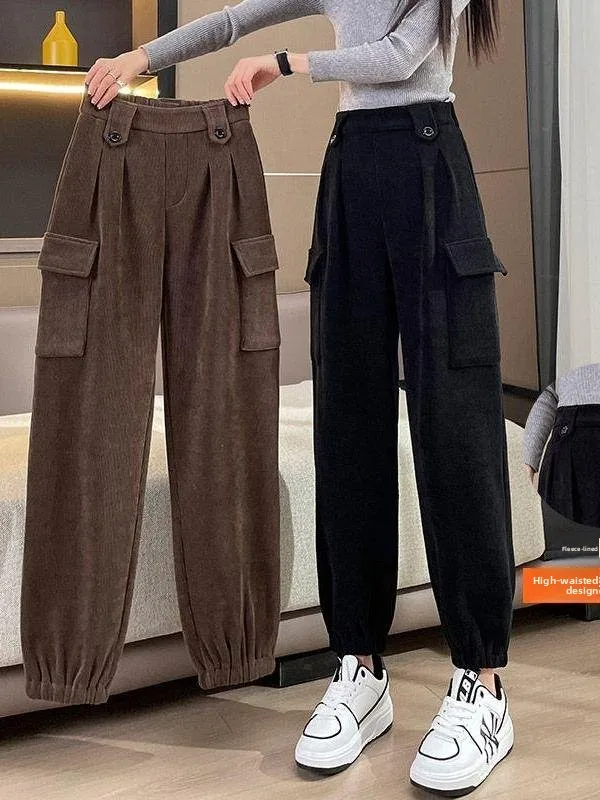 

Women's Fleece Lined Corduroy Sports Work Pants High Waist Long Trousers Casual Sweatpants Autumn Winter Harlan Carrot Legs