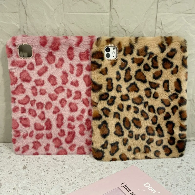 Pink/Brown Leopard with Pencil Slot Plush Anti-Fall Tablet Case for iPad 7-9th 10.2in Air3 10.5in Air4/5 10.9in 10th Gen Cover