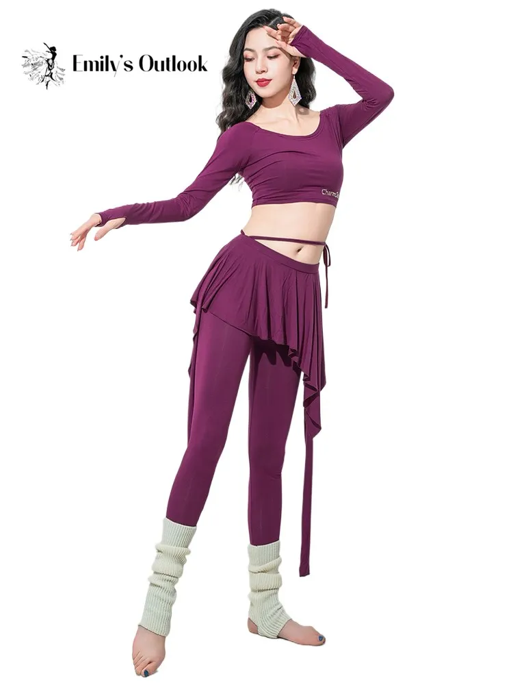 Modal Bellydance Costume 2 Piece Set Women Practice Thumb Finger Long Sleeve Top Skirt Pant Fairy Rave Outfit Sexy Dancewear New