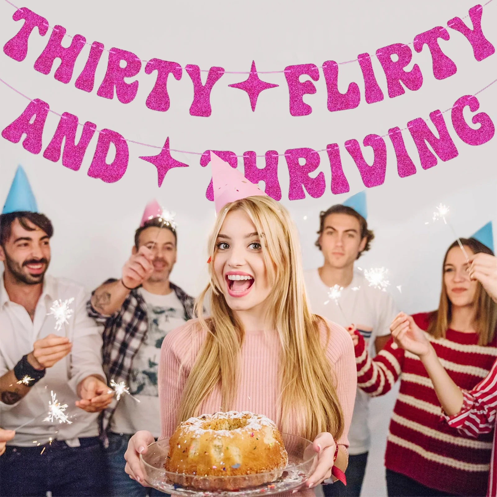 Hot Pink Thirty Flirty And Thriving Banner Talk Thirty to Me Banner for Women's 30th Birthday Party Decorations view 5